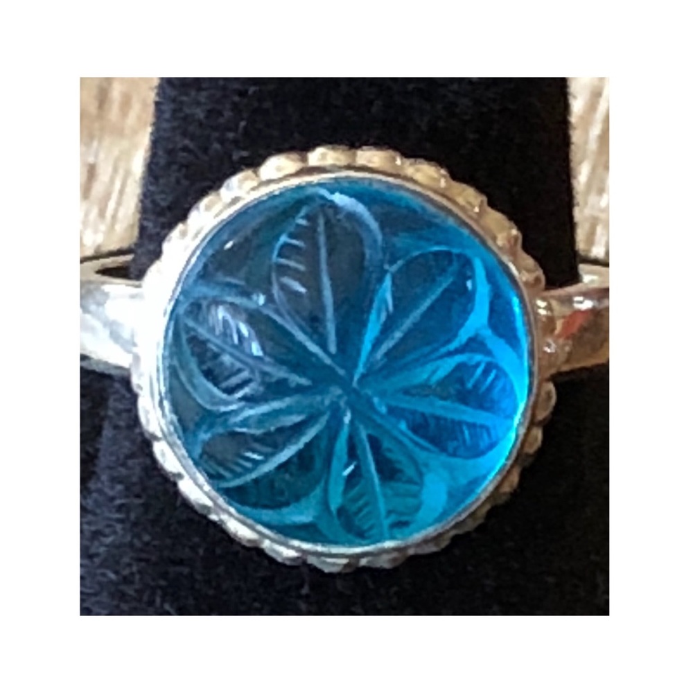 STERLING SILVER 925 RING BLUE GLASS ETCHED STONE